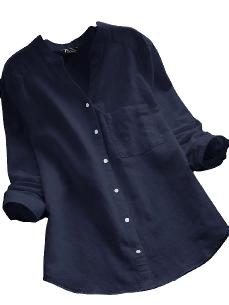 M-5XL Vintage V-neck Long Sleeves Front Pocket Button Blouse