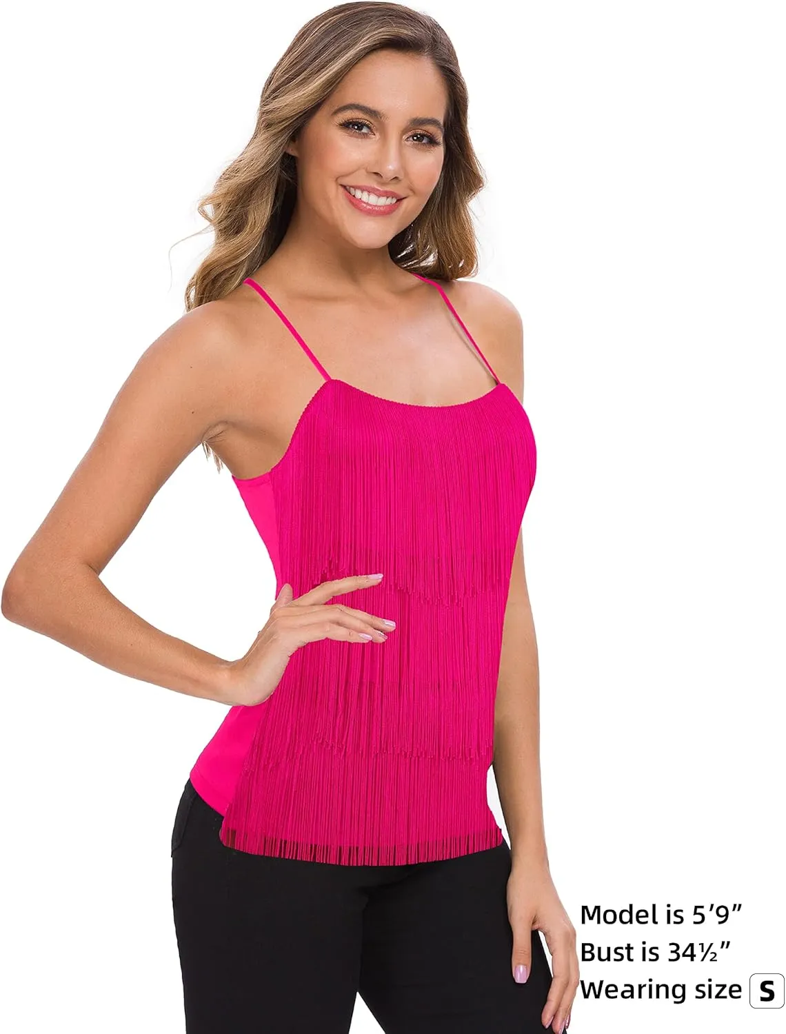 MANER Womens Fringe Top Tassel Trim Cami Spaghetti Strap Tank Tops