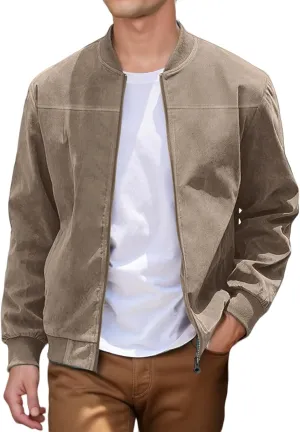 Mens Lightweight Jacket Vintage Faux Suede Trucker Bomber Jackets Casual Zipper Stand Collar Cardigans Fashion Coat