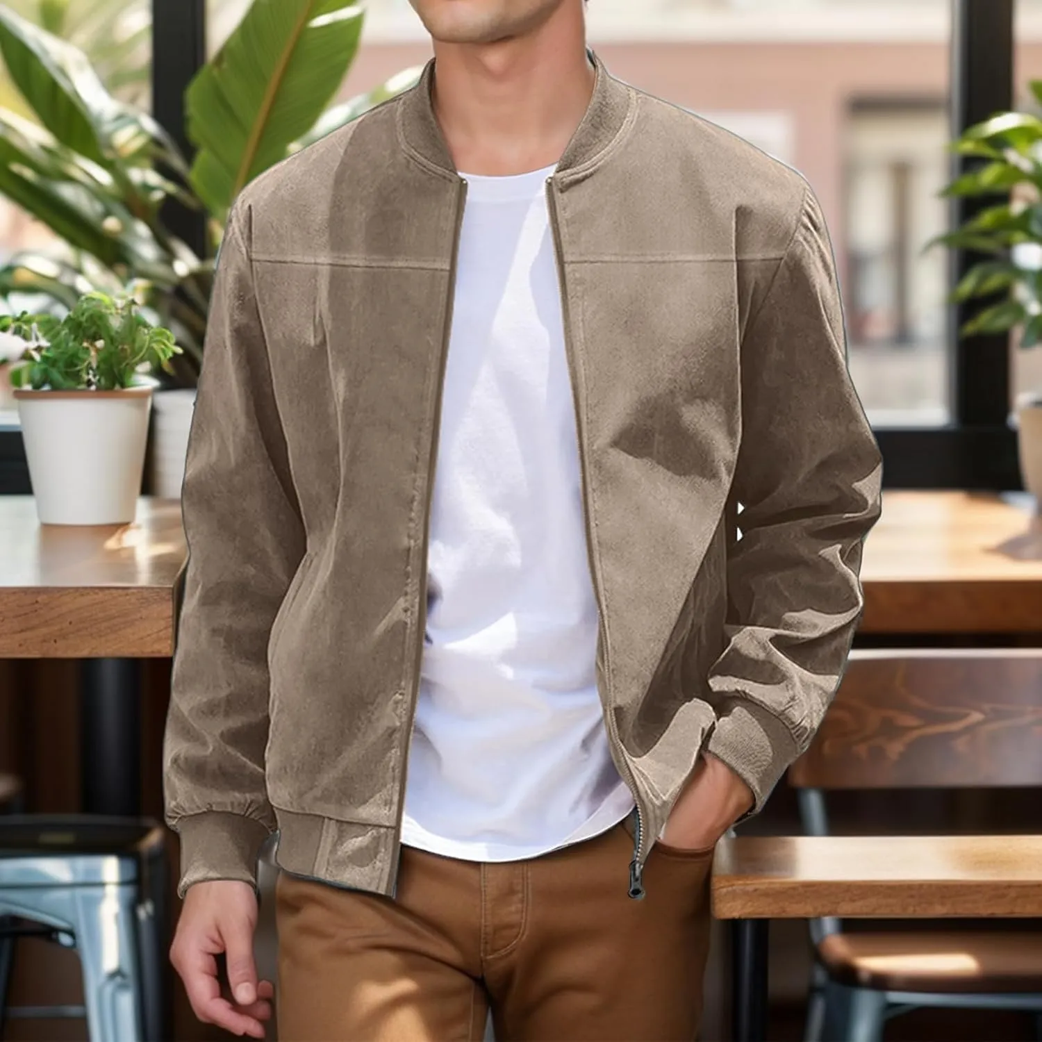 Mens Lightweight Jacket Vintage Faux Suede Trucker Bomber Jackets Casual Zipper Stand Collar Cardigans Fashion Coat