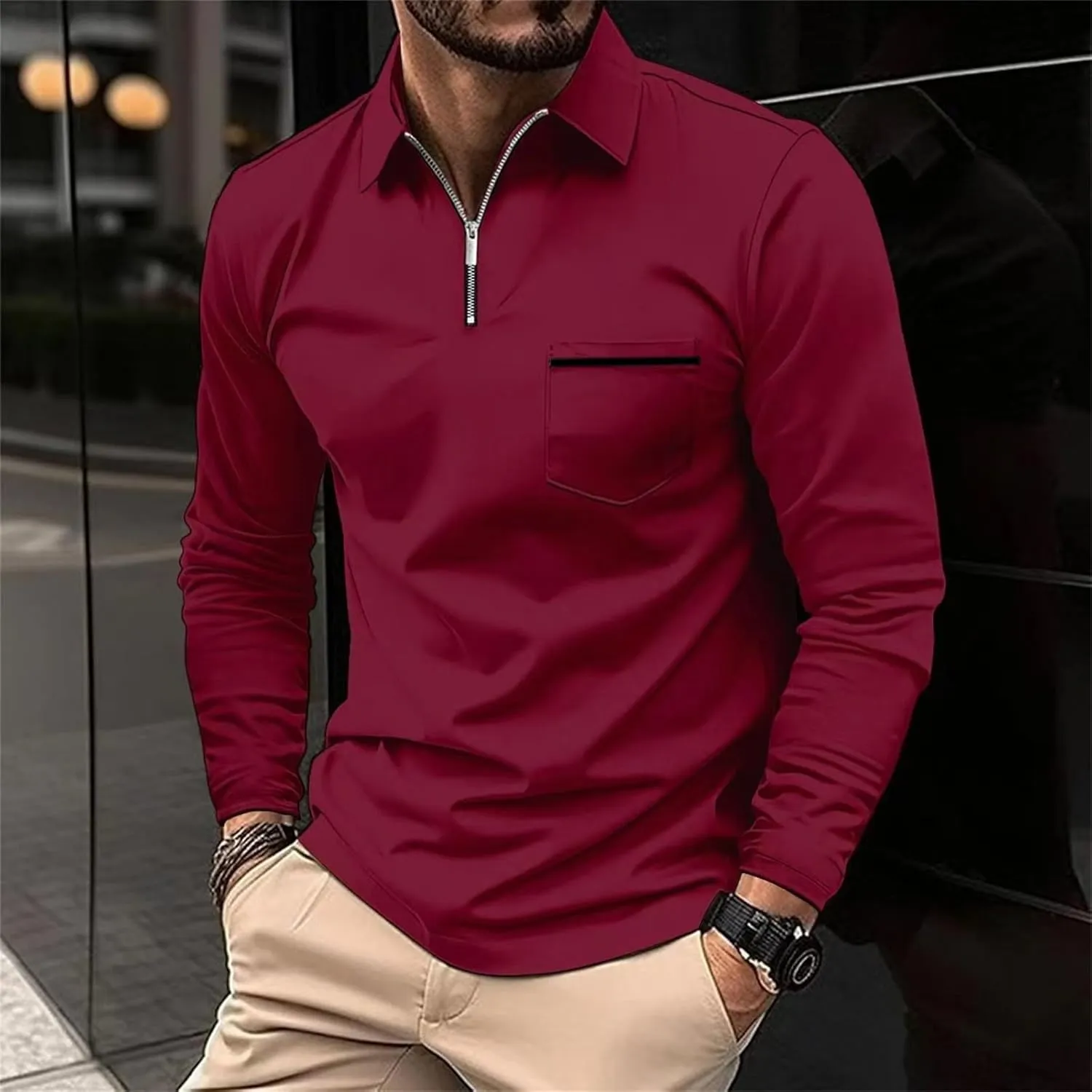Mens Long Sleeve Polo Shirts Zipper Collar Casual Slim Fit Dressy Shirt Classic Work Golf Shirt Lightweight Tees