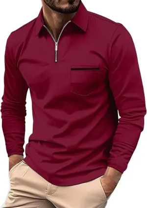 Mens Long Sleeve Polo Shirts Zipper Collar Casual Slim Fit Dressy Shirt Classic Work Golf Shirt Lightweight Tees