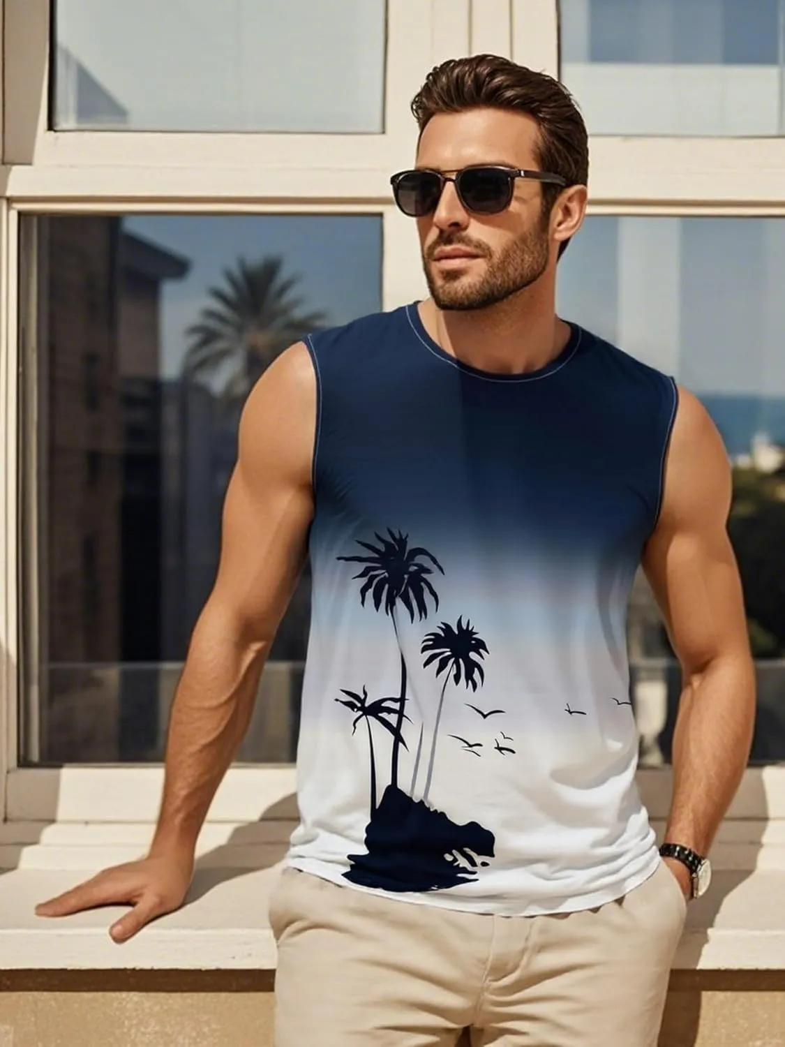 Men's Palm Tree Tank Tops Sleeveless Athletic Shirt Summer Beach Muscle Patriotic Tank Top