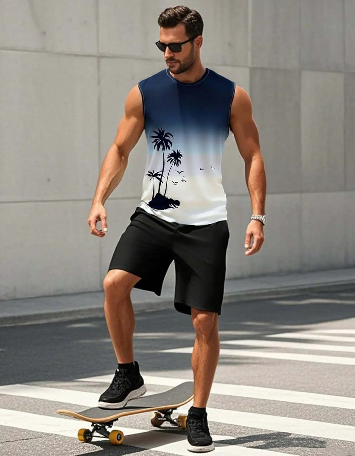 Men's Palm Tree Tank Tops Sleeveless Athletic Shirt Summer Beach Muscle Patriotic Tank Top