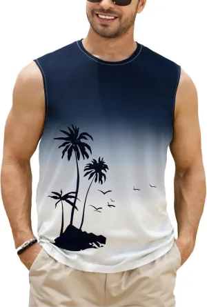 Men's Palm Tree Tank Tops Sleeveless Athletic Shirt Summer Beach Muscle Patriotic Tank Top