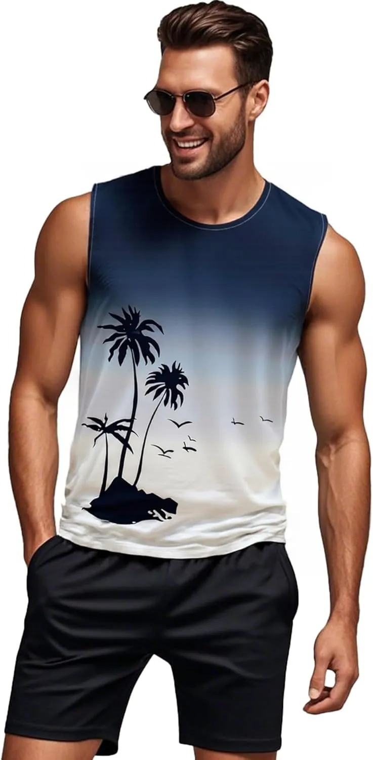 Men's Palm Tree Tank Tops Sleeveless Athletic Shirt Summer Beach Muscle Patriotic Tank Top