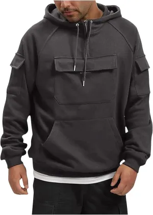Men's Vintage Multi Pocket Hoodies Classic Casual Loose Fit Hoodies Fall Winter Soild Color Long Sleeve Sweatshirt