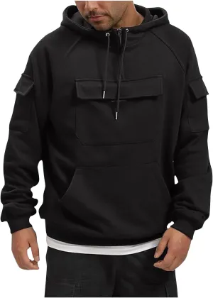 Men's Vintage Multi Pocket Hoodies Classic Casual Loose Fit Hoodies Fall Winter Soild Color Long Sleeve Sweatshirt