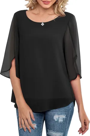 Neineiwu Womens Casual Scoop Neck Loose Top 3/4 Sleeve Chiffon Blouse Shirt Tops