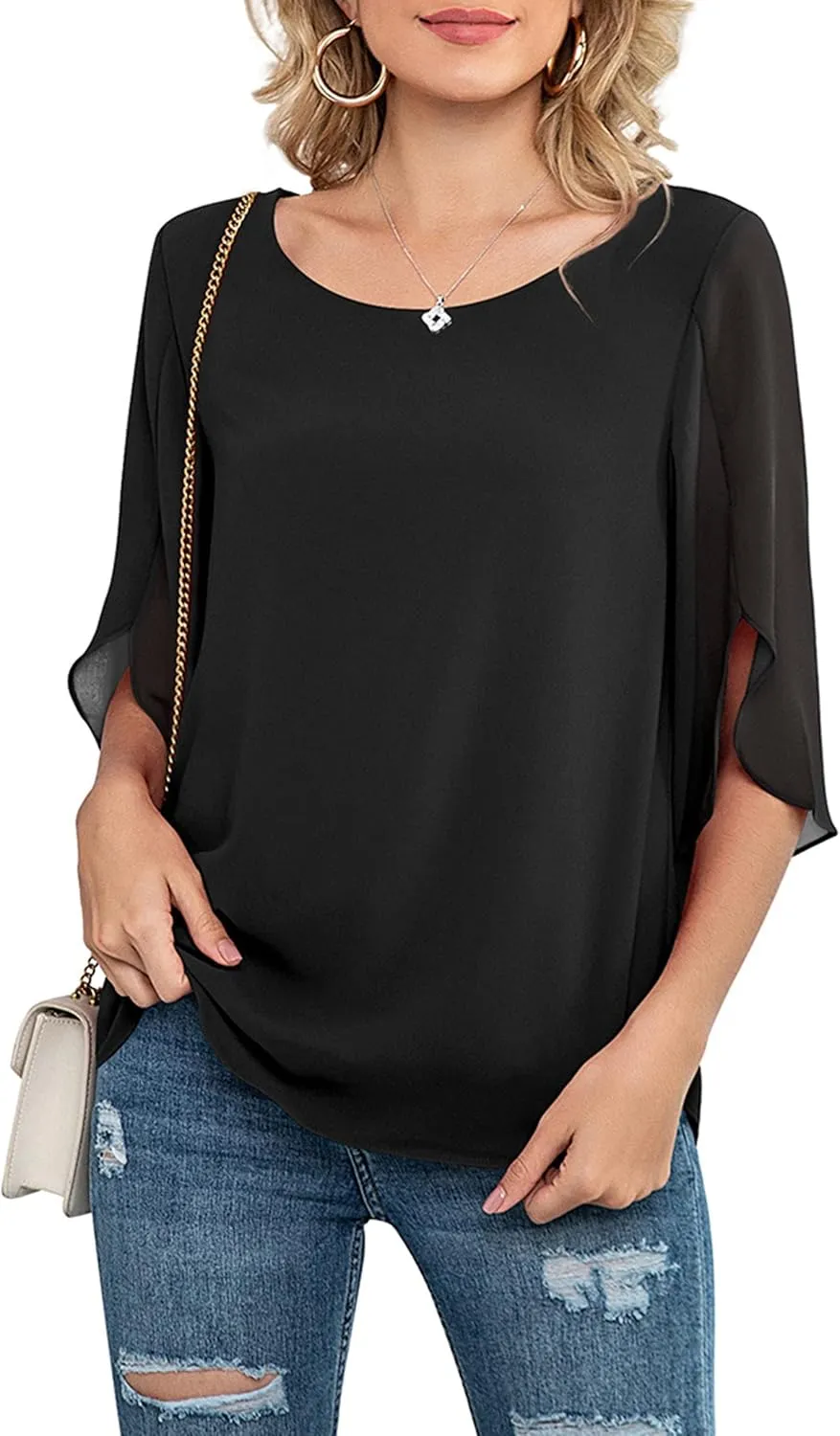 Neineiwu Womens Casual Scoop Neck Loose Top 3/4 Sleeve Chiffon Blouse Shirt Tops