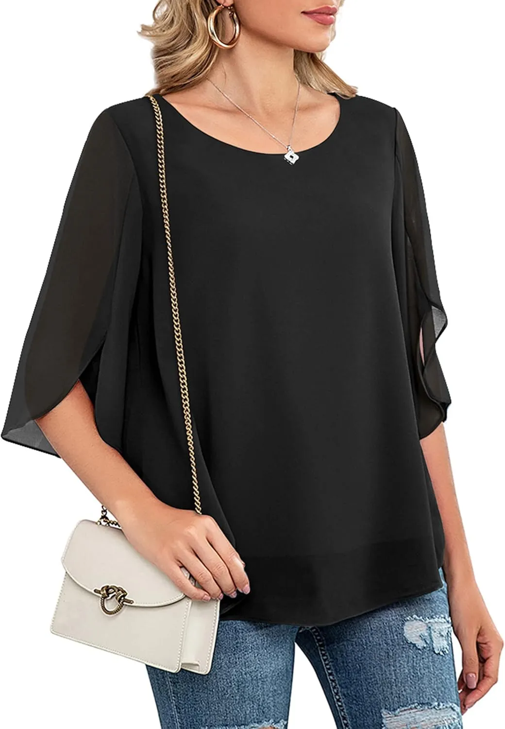 Neineiwu Womens Casual Scoop Neck Loose Top 3/4 Sleeve Chiffon Blouse Shirt Tops