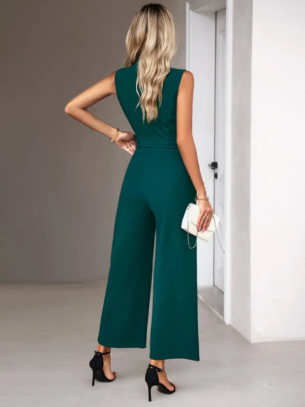 New women's elegant V-neck tie commuter sleeveless jumpsuit