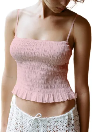 NUFIWI Women Shirred Cami Backless Spaghetti Strap Crop Top Smocked Sleeveless Sexy Ruched Tank Tops Trendy Streetwear