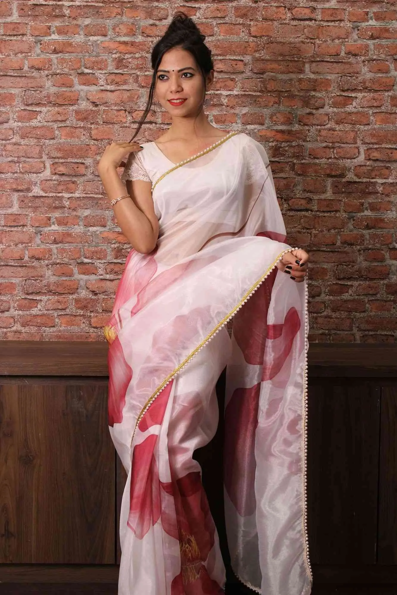 Off white and pink floral organza with moti lace border wrap in 1 minute saree
