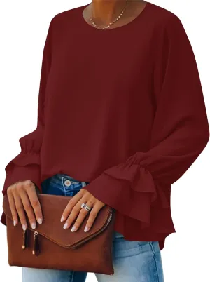 OPOIPIN Women's Casual Tiered Ruffle Bell Long Sleeve Round Neck Blouse Shirt Top