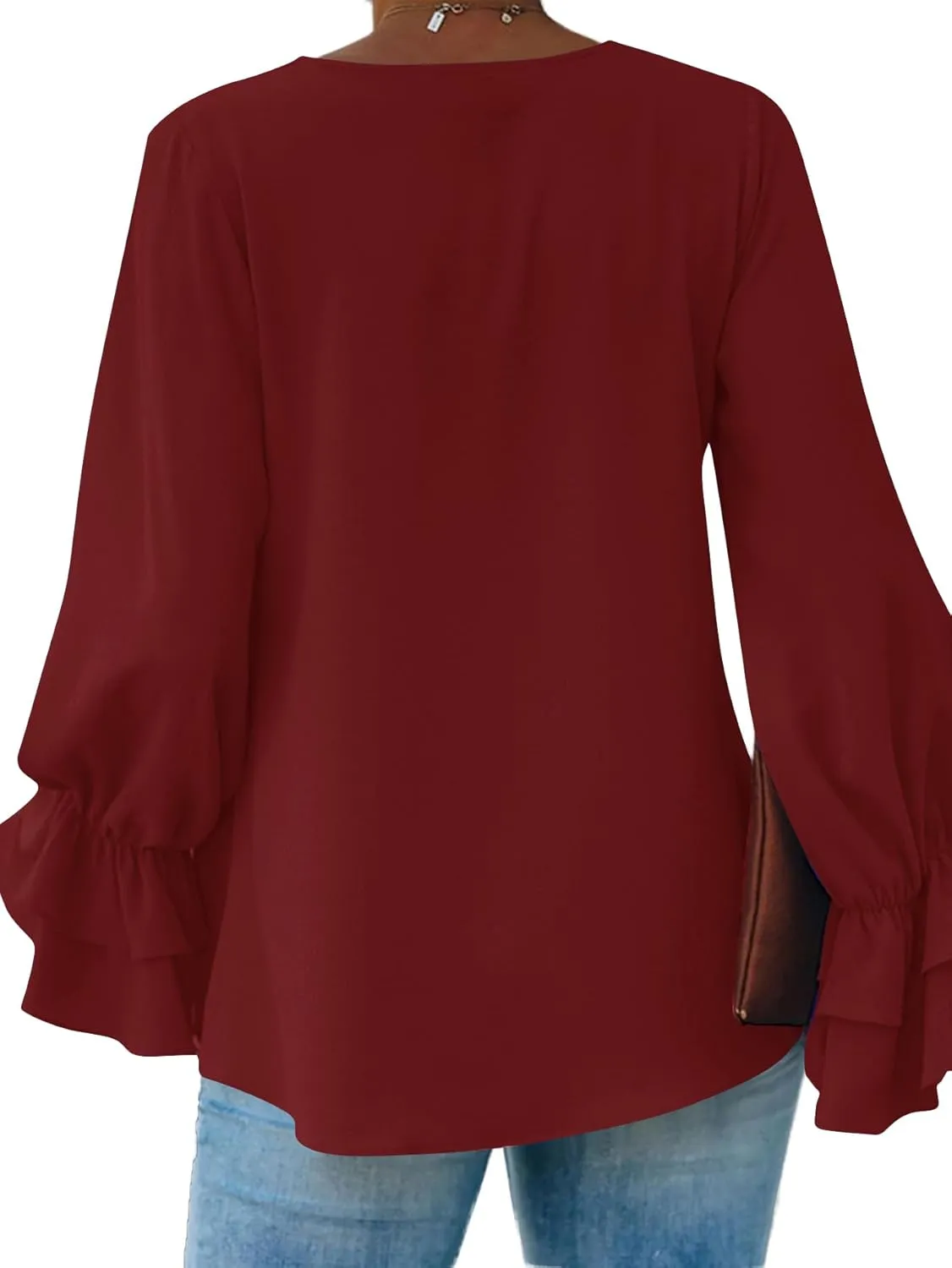 OPOIPIN Women's Casual Tiered Ruffle Bell Long Sleeve Round Neck Blouse Shirt Top