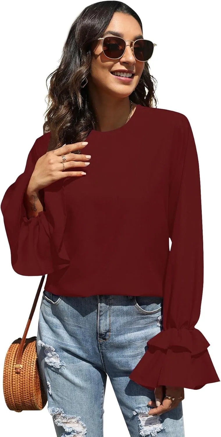 OPOIPIN Women's Casual Tiered Ruffle Bell Long Sleeve Round Neck Blouse Shirt Top