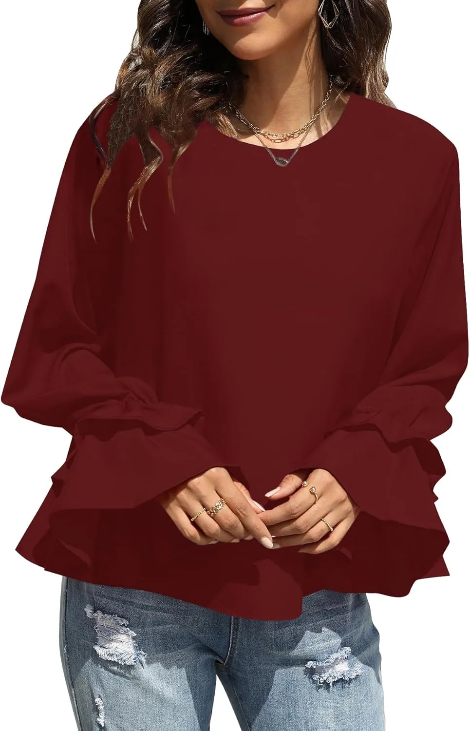 OPOIPIN Women's Casual Tiered Ruffle Bell Long Sleeve Round Neck Blouse Shirt Top