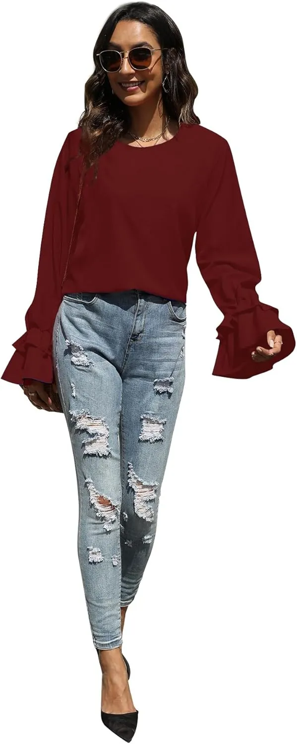 OPOIPIN Women's Casual Tiered Ruffle Bell Long Sleeve Round Neck Blouse Shirt Top