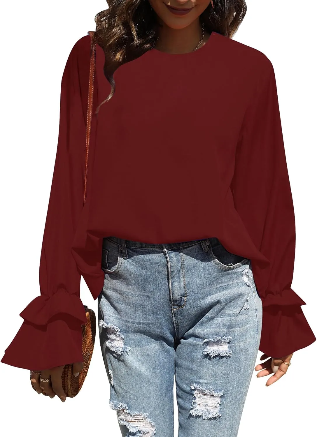 OPOIPIN Women's Casual Tiered Ruffle Bell Long Sleeve Round Neck Blouse Shirt Top