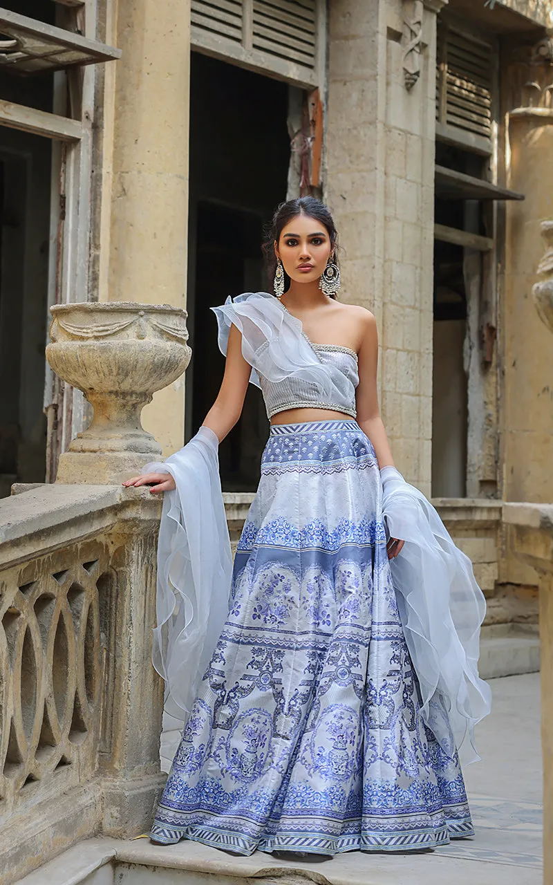 Organza Blouse With Printed Lehenga