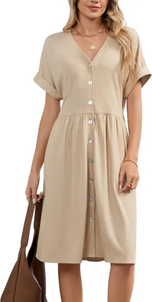 OUGES Womens 2025 Summer Maternity Dress Short Sleeve V Neck Button Down Pregnancy Casual Maternity Clothes with Pockets