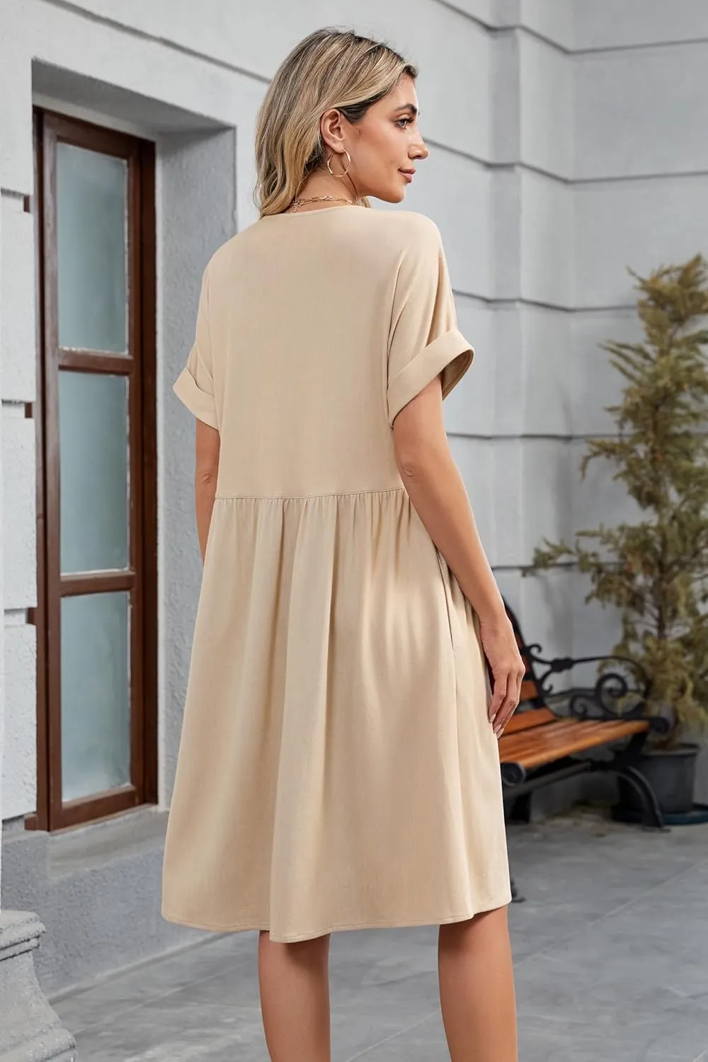 OUGES Womens 2025 Summer Maternity Dress Short Sleeve V Neck Button Down Pregnancy Casual Maternity Clothes with Pockets