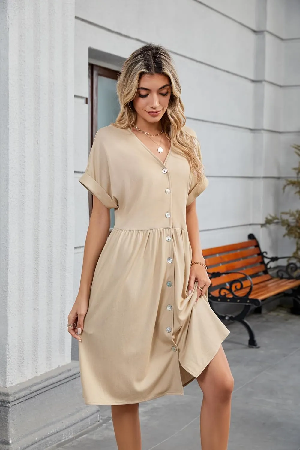 OUGES Womens 2025 Summer Maternity Dress Short Sleeve V Neck Button Down Pregnancy Casual Maternity Clothes with Pockets