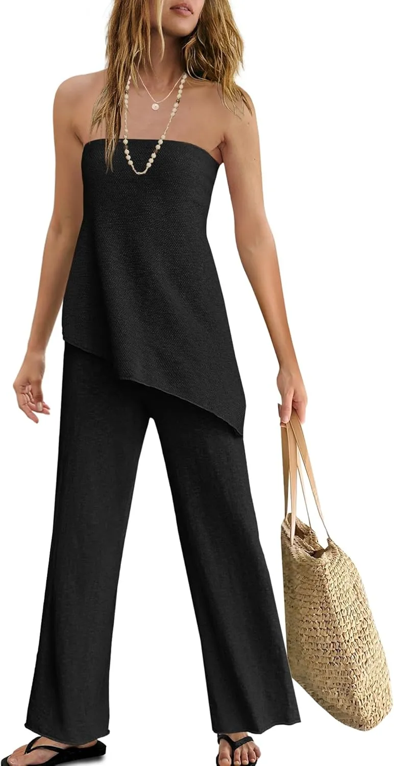 Panadila Womens Off Shoulder Sweater Set 2 Piece Outfits Summer Vacation Knit Matching Lounge Set Tube Top and Pants Set
