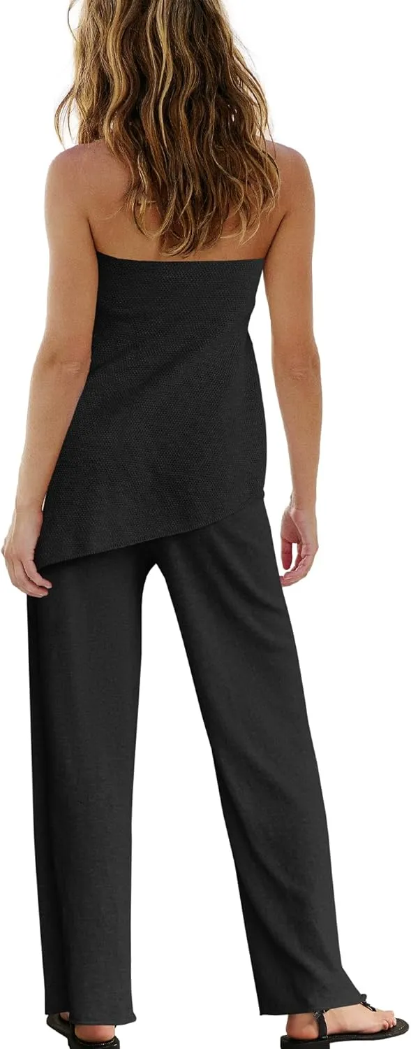 Panadila Womens Off Shoulder Sweater Set 2 Piece Outfits Summer Vacation Knit Matching Lounge Set Tube Top and Pants Set