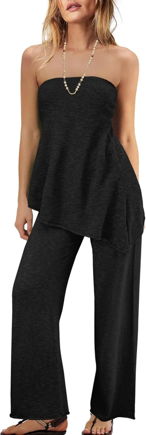 Panadila Womens Off Shoulder Sweater Set 2 Piece Outfits Summer Vacation Knit Matching Lounge Set Tube Top and Pants Set