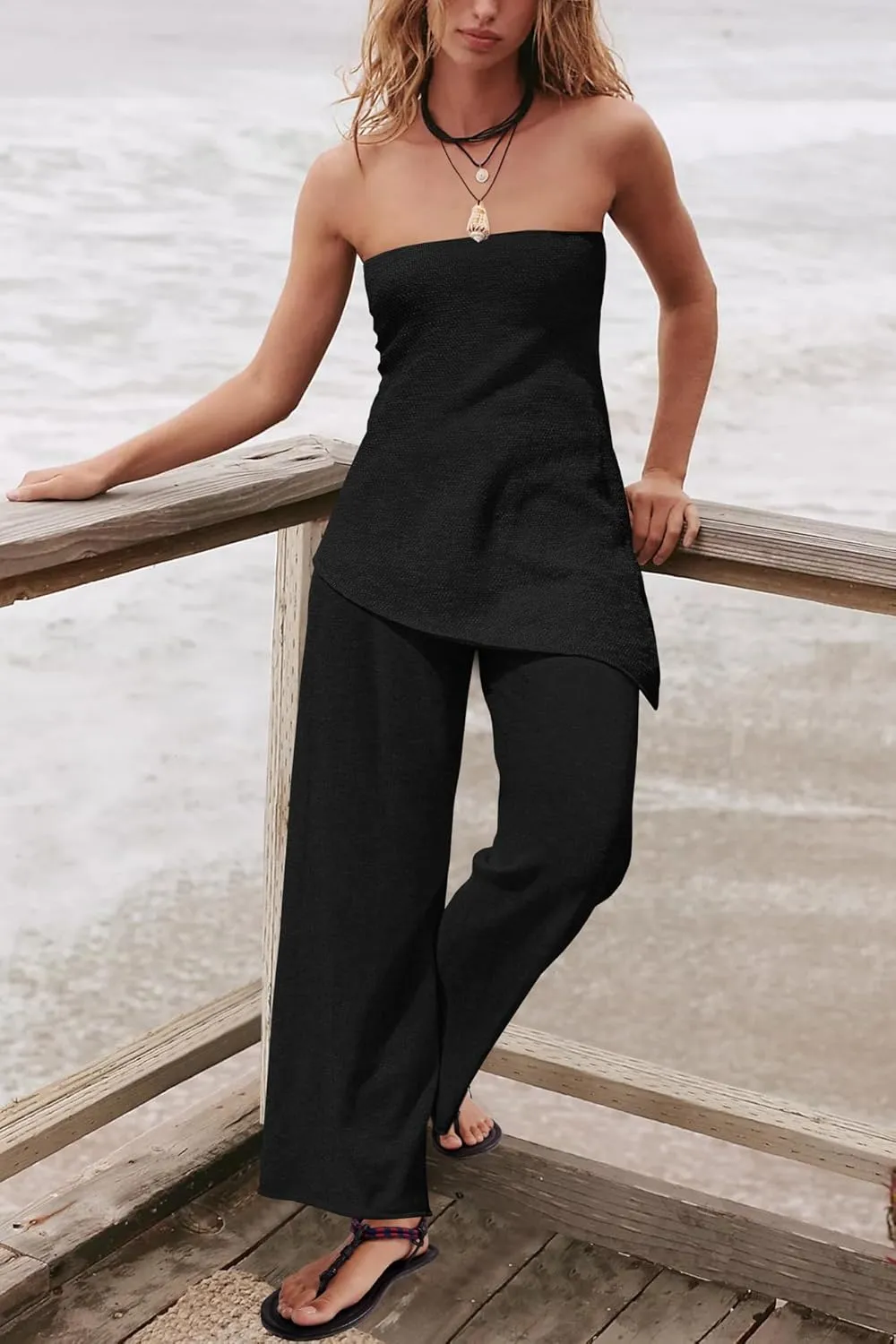 Panadila Womens Off Shoulder Sweater Set 2 Piece Outfits Summer Vacation Knit Matching Lounge Set Tube Top and Pants Set