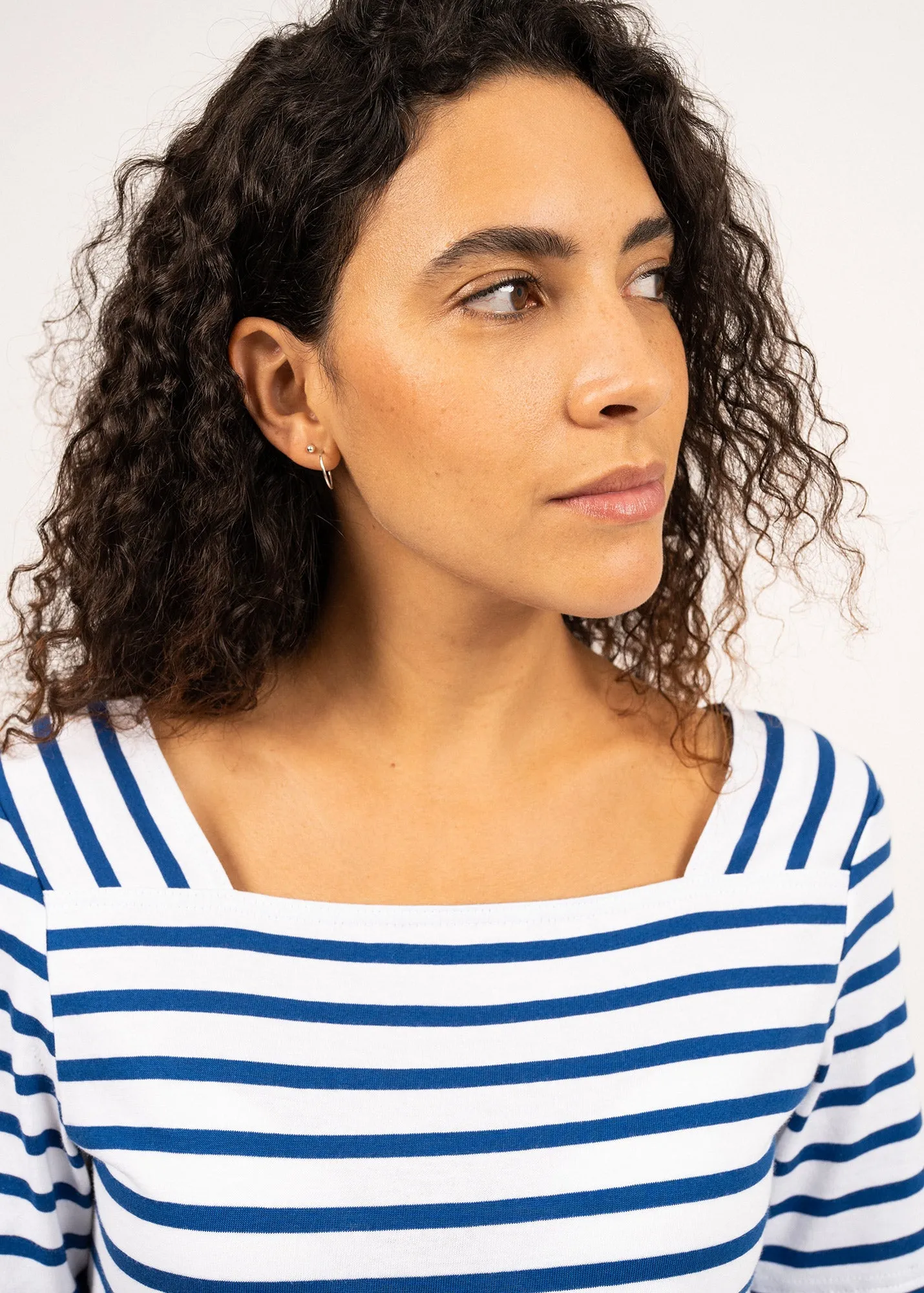 Pléneuf square neck striped sailor shirt - short sleeves, in light cotton (NEIGE/GITANE)