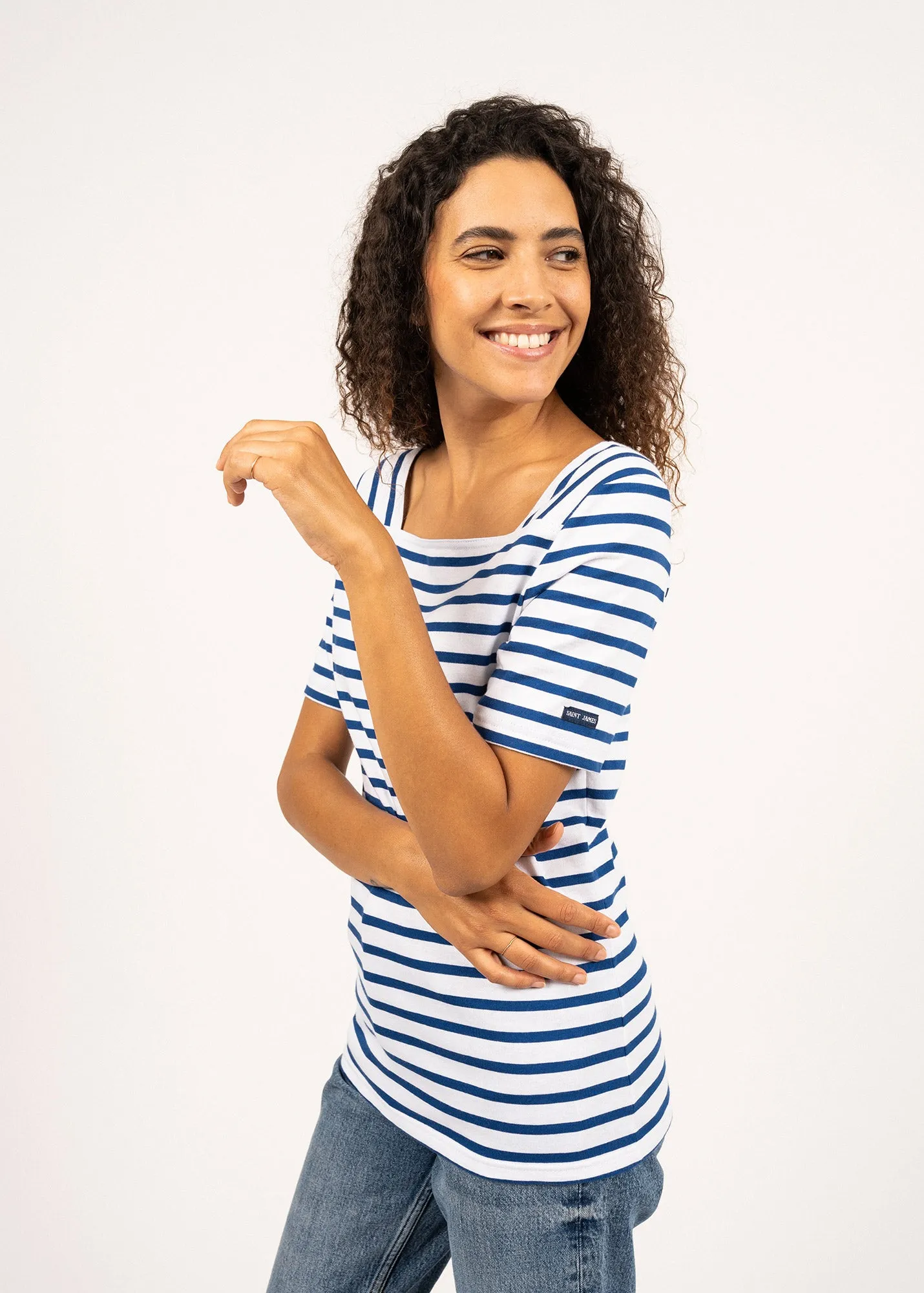 Pléneuf square neck striped sailor shirt - short sleeves, in light cotton (NEIGE/GITANE)