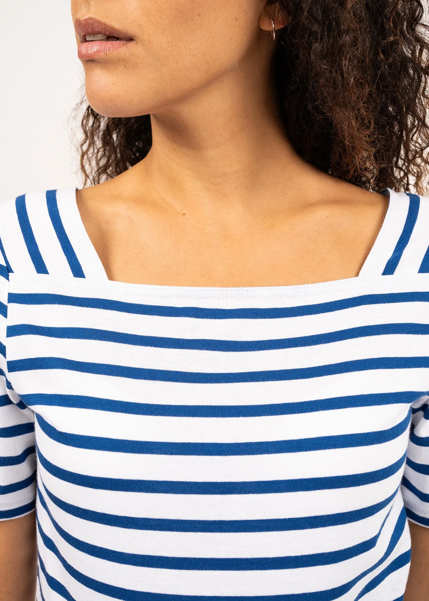 Pléneuf square neck striped sailor shirt - short sleeves, in light cotton (NEIGE/GITANE)