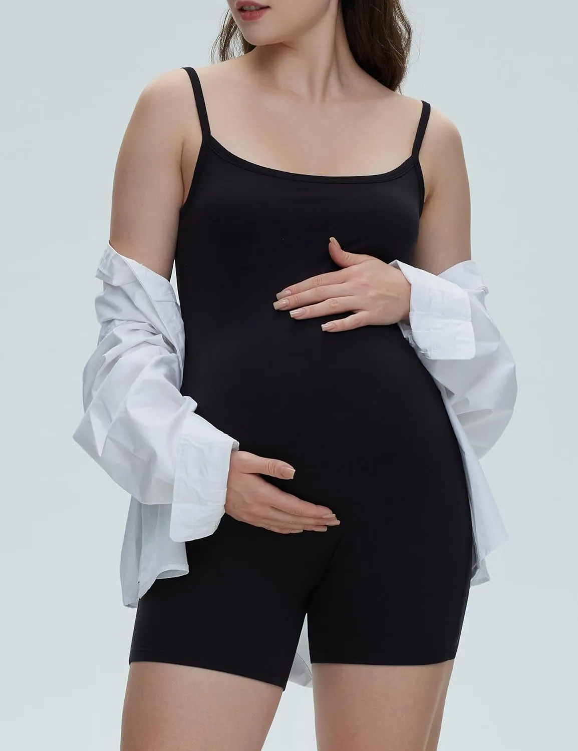 POSHDIVAH Women's Maternity Spaghetti Strap Bodysuit Shorts Pregnancy Bodycon Jumpsuit Sleeveless Tank Top Romper Shapewear
