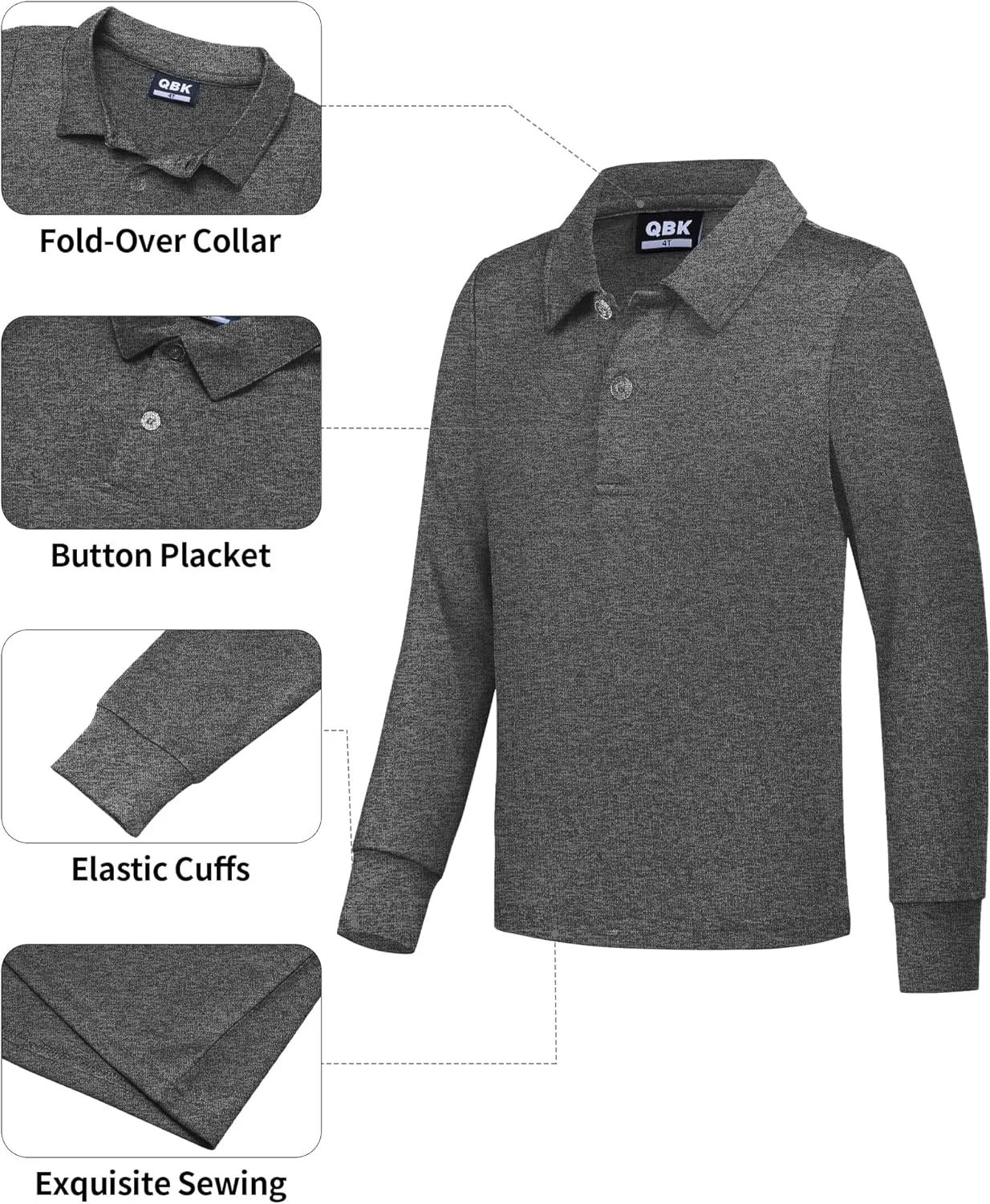 QBK Boys' Performance Polo Kids Collared Golf Shirts Long Sleeve School Uniform for 4T-16Y
