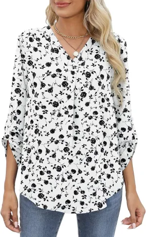 QUEZHU 3/4 Sleeve Blouses for Women Business Casual Elegant Chiffon V Neck Blouses Tops