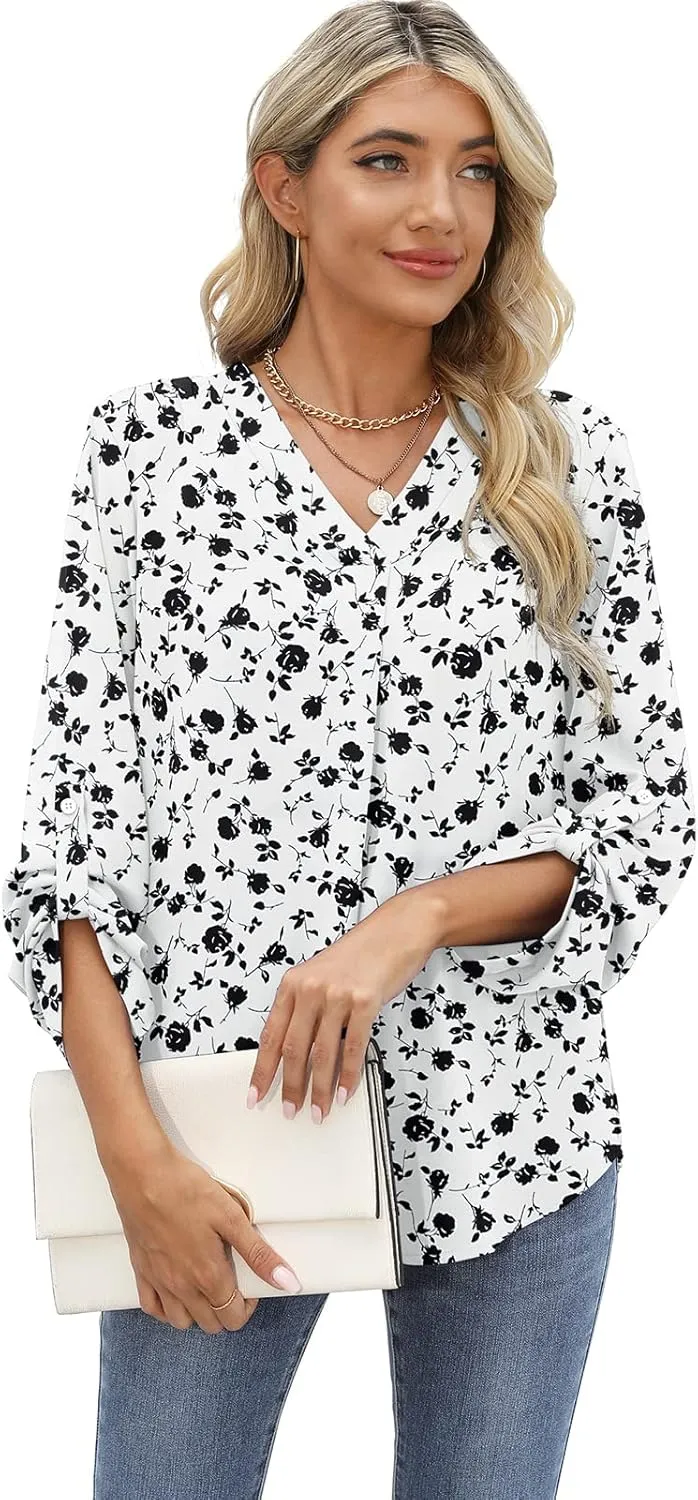 QUEZHU 3/4 Sleeve Blouses for Women Business Casual Elegant Chiffon V Neck Blouses Tops