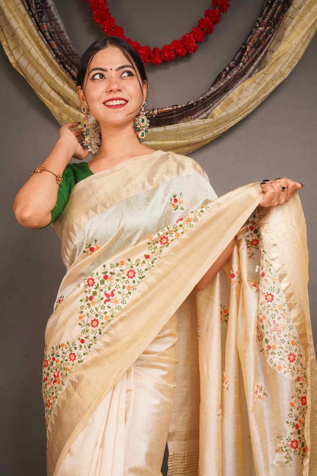 Ready to Wear Kerala Kasavu Embroidered Cotton Silk Wrap in 1 minute Saree