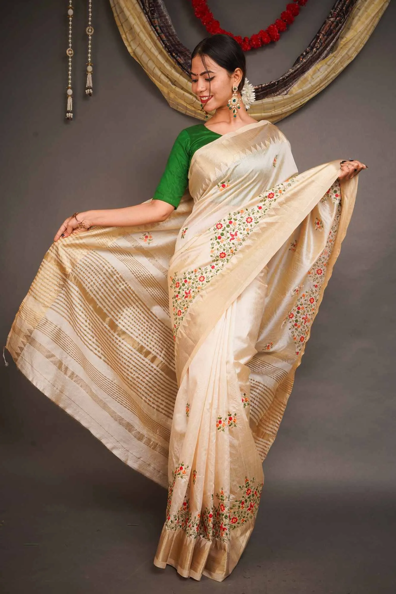 Ready to Wear Kerala Kasavu Embroidered Cotton Silk Wrap in 1 minute Saree