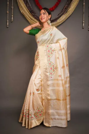 Ready to Wear Kerala Kasavu Embroidered Cotton Silk Wrap in 1 minute Saree