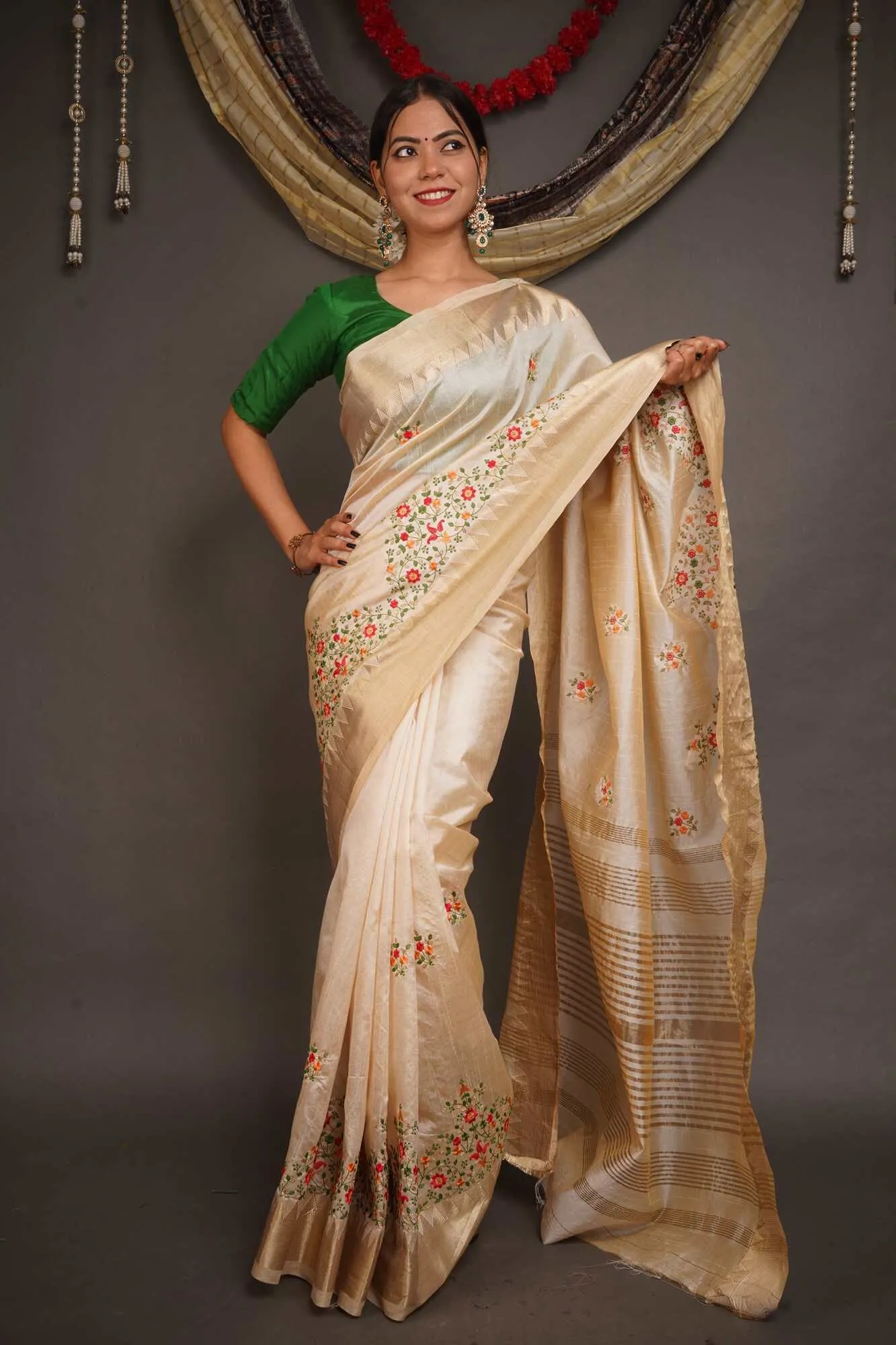 Ready to Wear Kerala Kasavu Embroidered Cotton Silk Wrap in 1 minute Saree