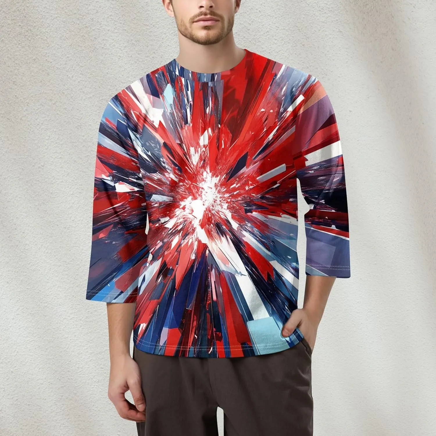 Red White and Blue Shirt Men's Casual Crewneck 3/4 Sleeve Shirts Cotton Hawaiian Summer Tops Basic Pullover Workout Tees