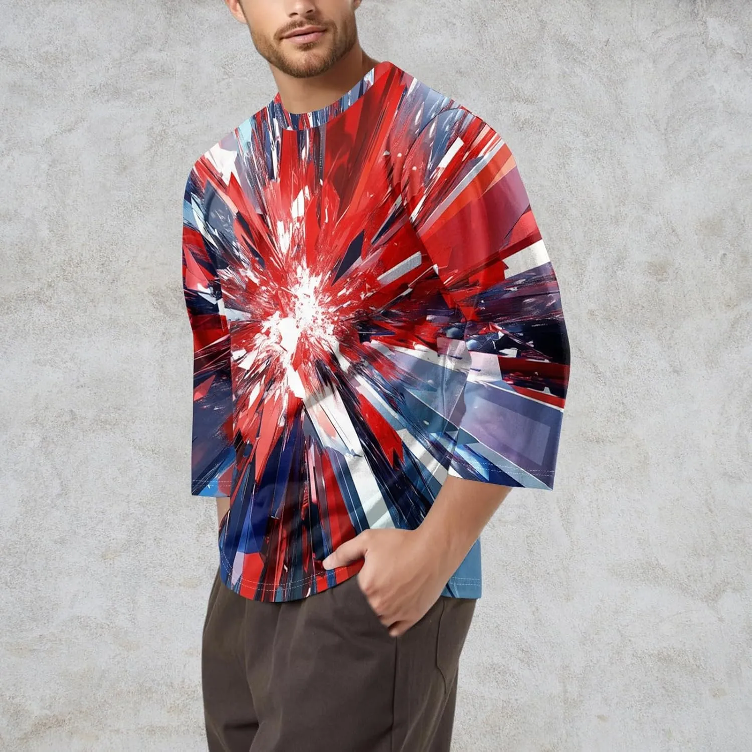 Red White and Blue Shirt Men's Casual Crewneck 3/4 Sleeve Shirts Cotton Hawaiian Summer Tops Basic Pullover Workout Tees