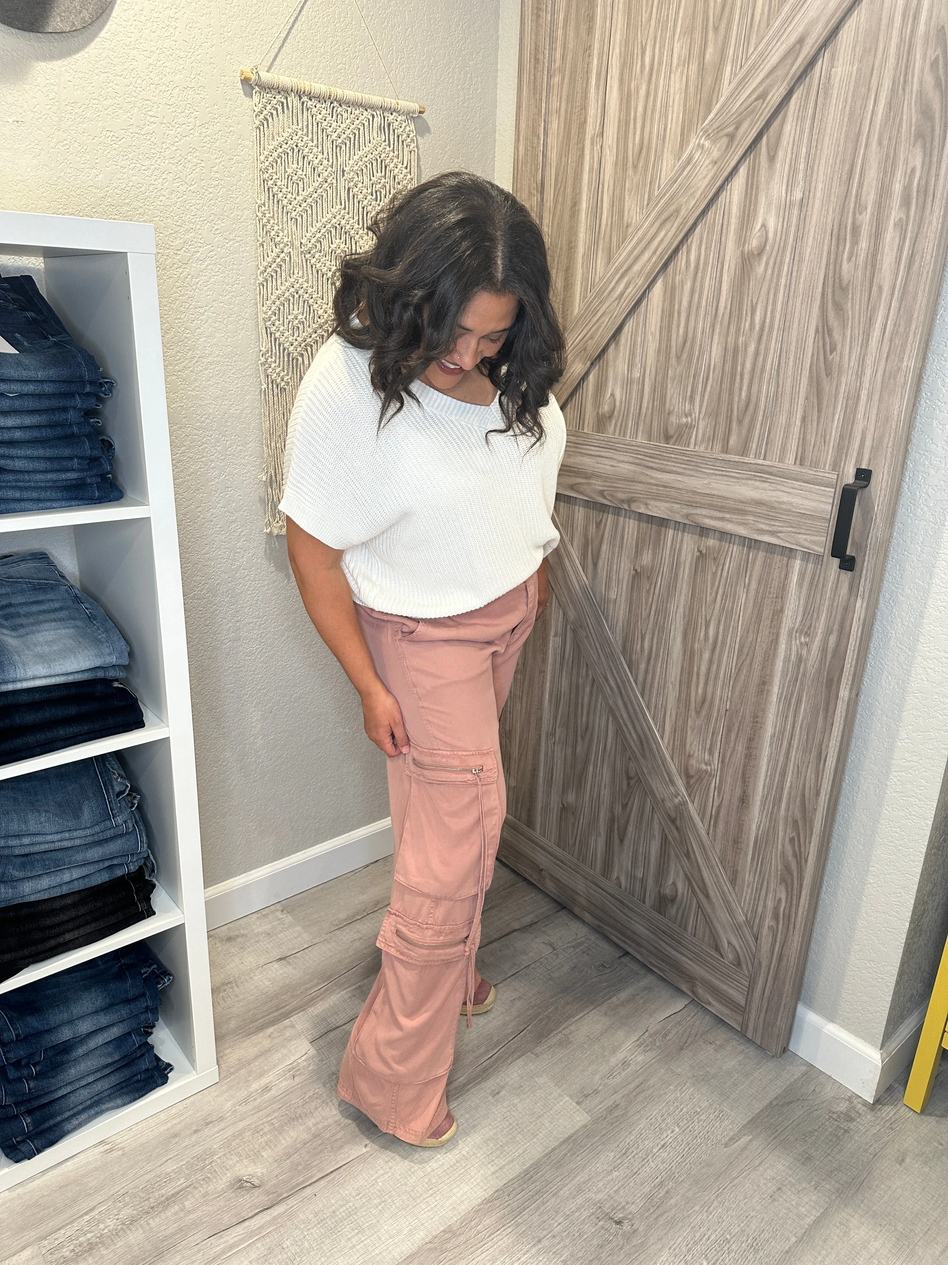 Risen Jeans Mauve High Rise Wide Leg Tencel Multi Pocket Cargo Pants