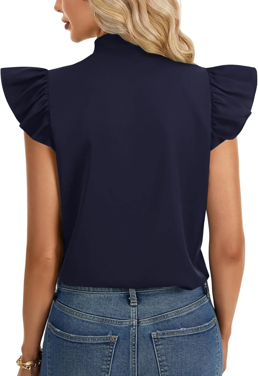 Rooscier Women's Bow Tie Neck Ruffle Cap Sleeve Elegant Office Blouse Shirt Tops