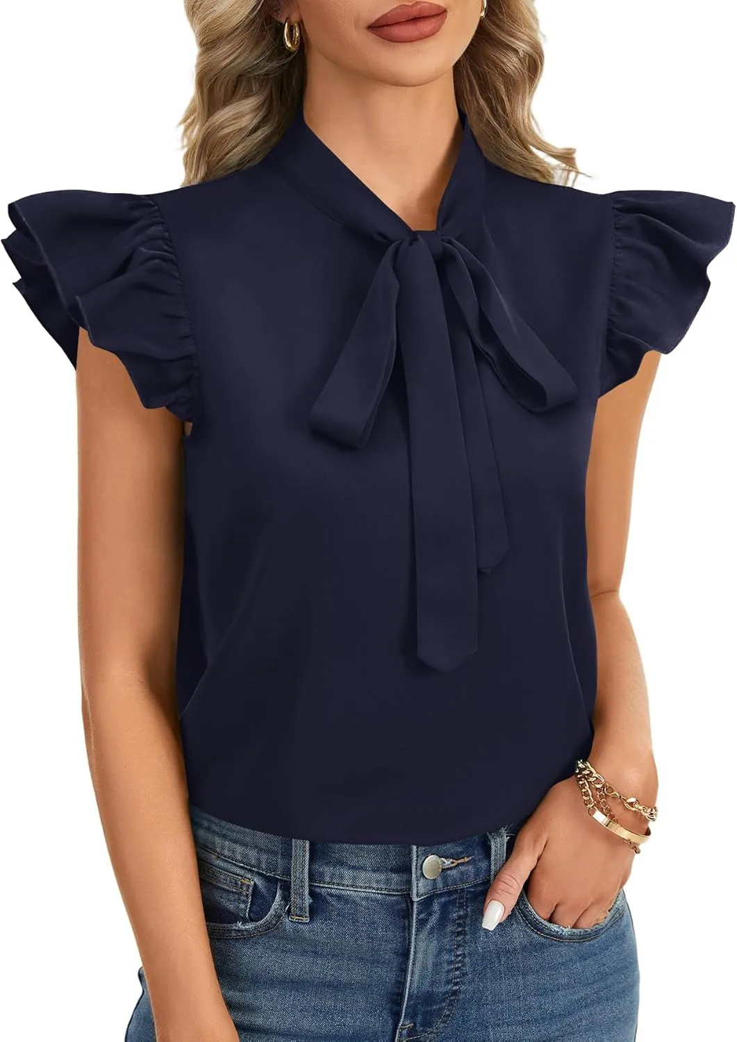 Rooscier Women's Bow Tie Neck Ruffle Cap Sleeve Elegant Office Blouse Shirt Tops