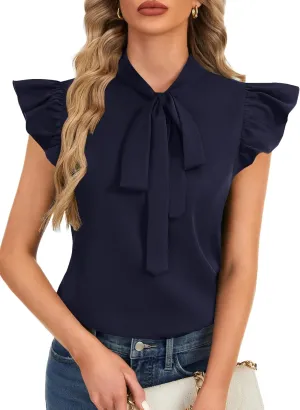 Rooscier Women's Bow Tie Neck Ruffle Cap Sleeve Elegant Office Blouse Shirt Tops