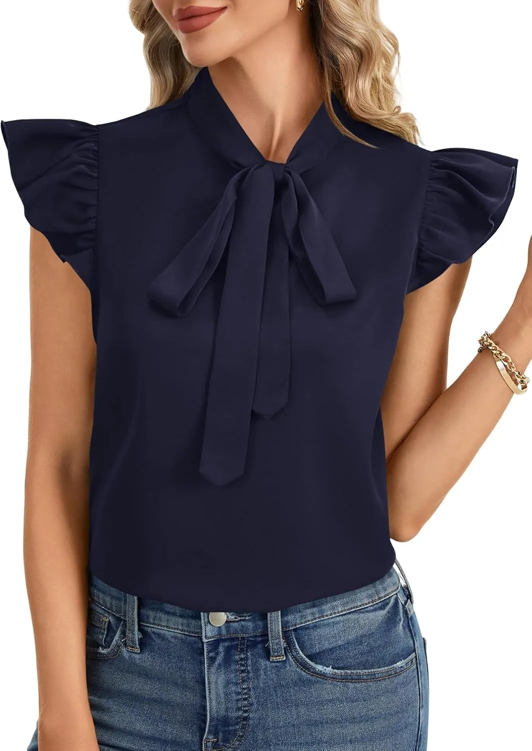 Rooscier Women's Bow Tie Neck Ruffle Cap Sleeve Elegant Office Blouse Shirt Tops